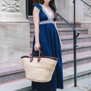 J.Crew Long Blue Maxi Dress V-neck White Embroidery Size Large